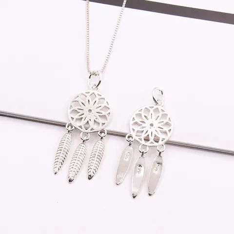 925 Sterling Silver Dreamcatcher Pendant With Three Feather Charms Hollow Out Ethnic Jewelry Making Accessory For Women DIY