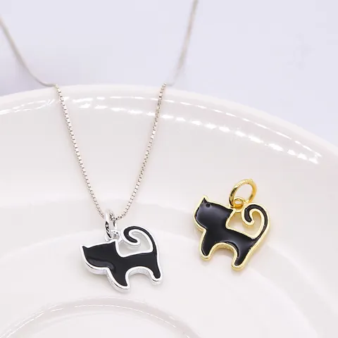 Pendentif Chat en Argent Sterling 925 Émail Noir Accessoire Bijoux DIY pour Création de Collier Boucle d'Oreille Charme Animal Mignon Chatton Femme Bijoux