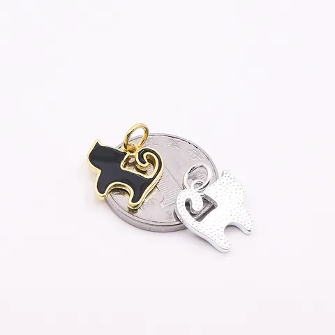 Pendentif Chat en Argent Sterling 925 Émail Noir Accessoire Bijoux DIY pour Création de Collier Boucle d'Oreille Charme Animal Mignon Chatton Femme Bijoux