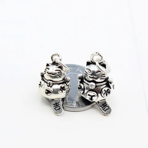 Ciondolo Gatto della Fortuna in Argento Sterling S925 Vintage Accessori per Creazione Gioielli DIY Charm Maneki Neko in Argento Thai
