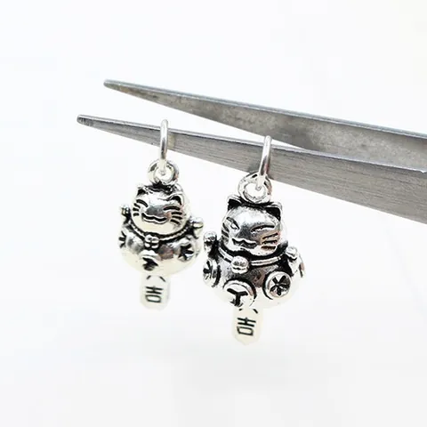 Ciondolo Gatto della Fortuna in Argento Sterling S925 Vintage Accessori per Creazione Gioielli DIY Charm Maneki Neko in Argento Thai
