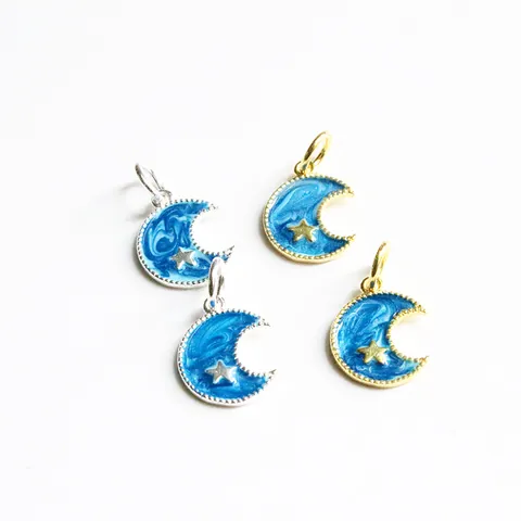 925 Sterling Silver Crescent Moon Star Pendant Enamel Starry Sky Blue Drip Glue DIY Jewelry Accessories For Necklace Bracelet Women