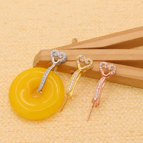 S925 Sterling Silver Pendant Clasp For Jade Amber Heart Leaf Zirconia Inlaid DIY Jewelry Connector Findings Accessories
