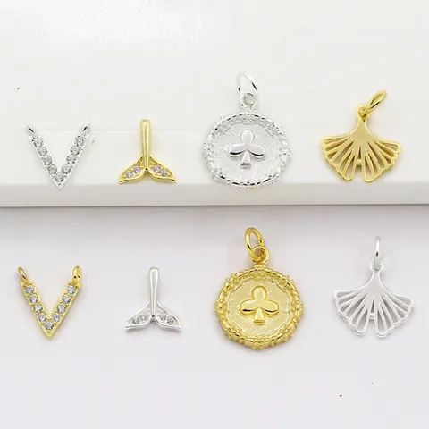 S925 Sterling Silver Pendant For Jewelry Making DIY Fish Tail V Shape Hollow Leaf Round Tag Zirconia Inlaid Electroplated Accessory