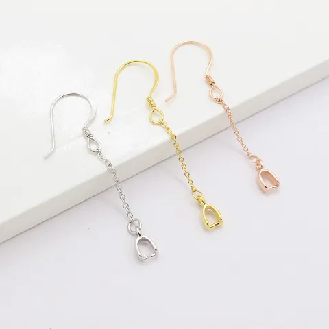 Accesorios para Pendientes DIY de Plata de Ley 925 Ganchos Con Cadena de Eslabones Larga y Cierres para Colgantes Joyería Mujer
