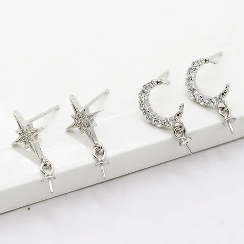 Postes de Pendientes de Botón de Estrella y Luna de Plata de Ley S925 Con Zirconia DIY Base para Perlas Joyería Hecha a Mano
