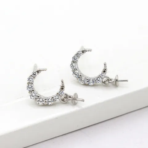 Postes de Pendientes de Botón de Estrella y Luna de Plata de Ley S925 Con Zirconia DIY Base para Perlas Joyería Hecha a Mano