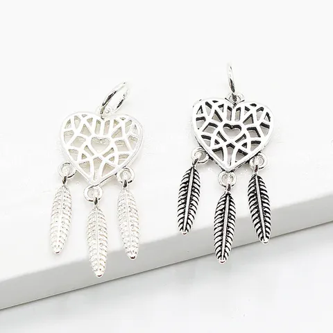 925 Sterling Silver Heart Dreamcatcher Pendant With Feather Tassels For DIY Jewelry Making Bohemian Charm Finding