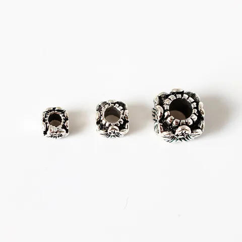 S925 Sterling Silver Retro Flower Square Spacer Beads Vintage Oxidized Floral Loose Beads For DIY Jewelry Making Necklaces
