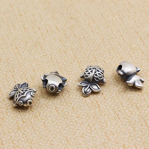 999 Sterlingsilber Goldfisch Karpfen Perlen Für Die Schmuckherstellung 3D Hartsilber Glücksfisch Zwischenperlen Antik Vintage DIY Charms
