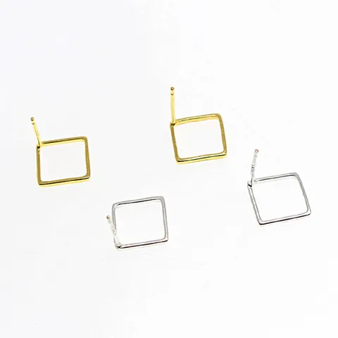 Pendientes de Botón Cuadrados Calados de Plata de Ley 925 Minimalistas Geométricos Pequeños Oro Plata Mujer Joyería Regalo