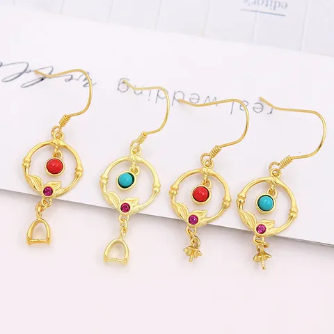 925 Sterling Silver Gold Plated Earring Hooks DIY Jewelry Making Findings Bamboo Design With Red Green Beads Vintage Earrings Components