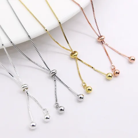 925 Sterling Silver Adjustable Box Chain Necklace With Slider Clasp Gold Silver Rose Gold Plated DIY Jewelry For Women