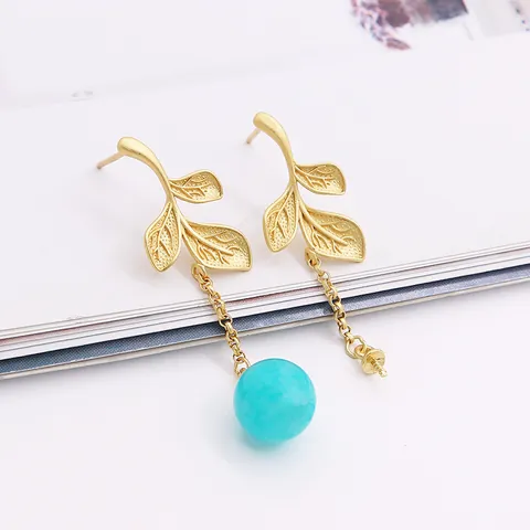 925 Sterling Silver Leaf Stud Earrings Blank Settings Matte Gold Plated Earring Findings With Chain For DIY Jewelry Making Women