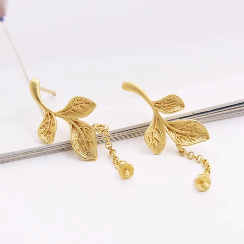 925 Sterling Silver Leaf Stud Earrings Blank Settings Matte Gold Plated Earring Findings With Chain For DIY Jewelry Making Women