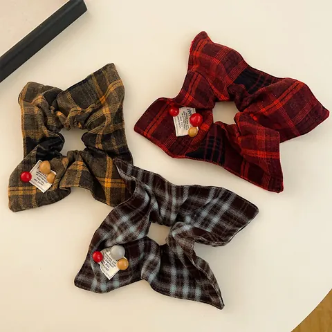 Preppy Stijl Geruite Stoffen Scrunchies Met Gekleurde Kralen En Stoffen Label Elastische Haarelastiekjes Voor Dames