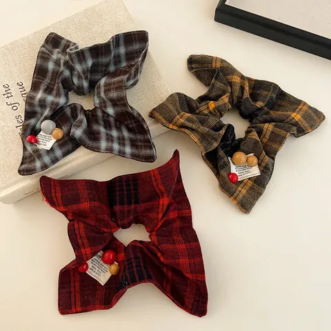 Preppy Stijl Geruite Stoffen Scrunchies Met Gekleurde Kralen En Stoffen Label Elastische Haarelastiekjes Voor Dames