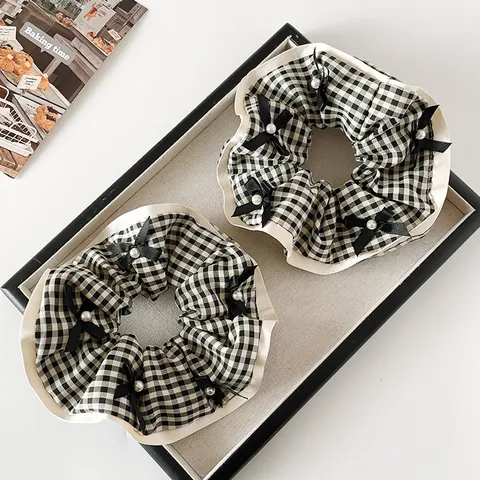 Scrunchie da Donna Vintage a Quadri Gingham Fiocco Nero Perla Artificial Sintetica Bordo a Volant Elastici in Tessuto Accessori Capelli