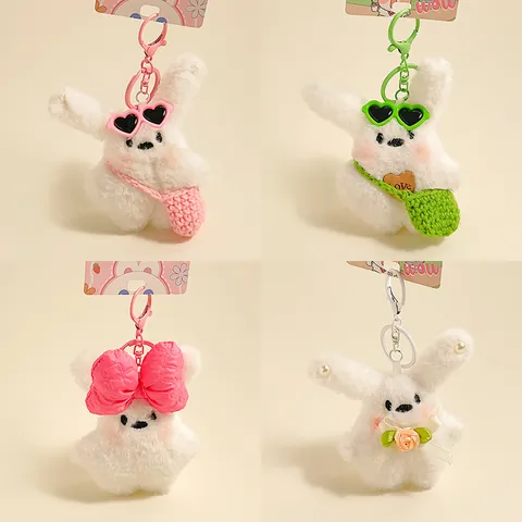 Mignon Porte-clés en Peluche Lapin Chien Blanc Avec Nœud Lunettes de Soleil Cœur Fleur Dessin Animé Peluche Animal Poupée Charme de Sac pour Femmes Enfants Cadeau