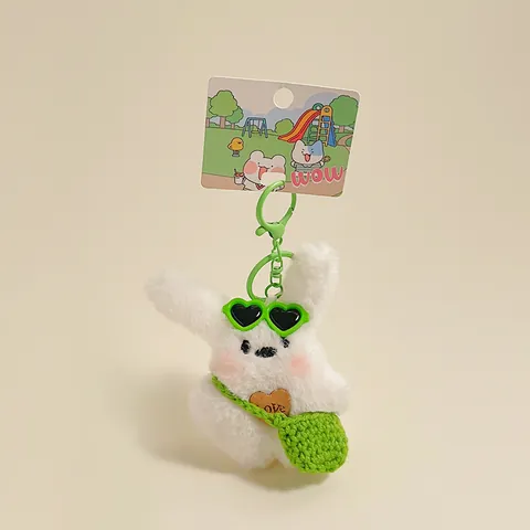 Mignon Porte-clés en Peluche Lapin Chien Blanc Avec Nœud Lunettes de Soleil Cœur Fleur Dessin Animé Peluche Animal Poupée Charme de Sac pour Femmes Enfants Cadeau