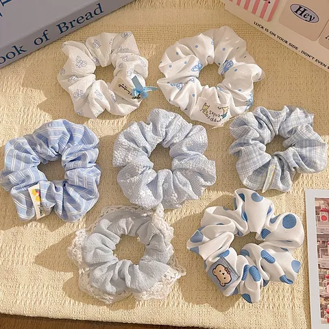 Chouchous Cheveux Femmes Bleu Blanc Pois Carreaux Frais Doux Dentelle Floral Nœud Élastiques Cheveux Accessoires Mode