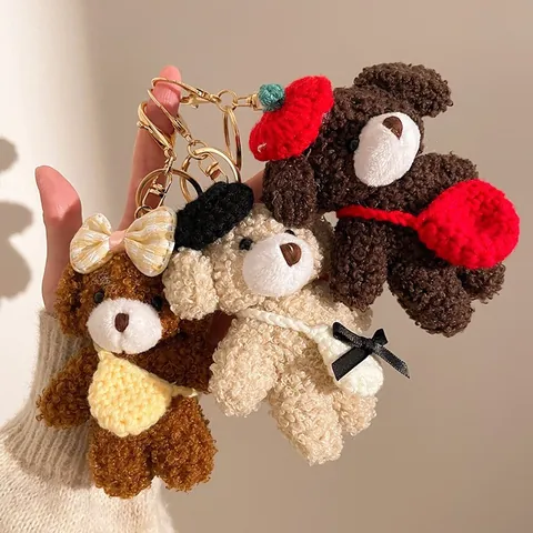 Süßer Plüsch Teddybär Schlüsselanhänger Kuscheltier Taschenanhänger Mit Mini Rucksack Strickmütze Spitzenkleid Für Damen Mädchen Geschenk