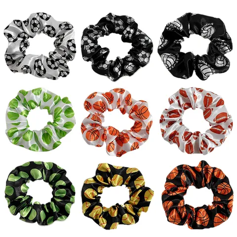 Satin Sports Ball Print Hair Scrunchies Basketball Football Soccer Tennis Volleyball Pattern Hair Ties For Women Girls Sporty Hair Accessories