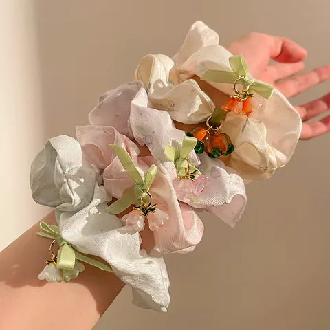 Sweet Satin Floral Scrunchies With Flower Fruit Charms Bowknot Ribbon Hair Ties For Women Girls Ponytail Holder Accessories