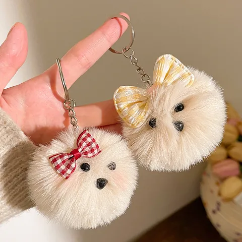 Schattige Pluche Hond Sleutelhanger Bontbal Tas Charm Met Legering Sleutelring Cartoon Dier Hanger Accessoires Cadeau