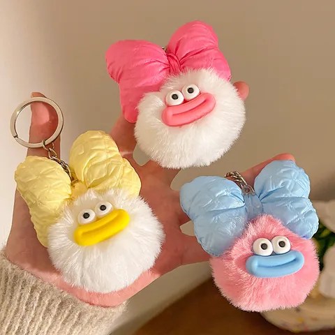 Funny Sausage Mouth Plush Ball Keychain Cartoon Big Eye Monster Bag Pendant With Big Bow Ornament For Women Friends Gift
