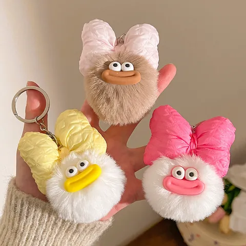 Funny Sausage Mouth Plush Ball Keychain Cartoon Big Eye Monster Bag Pendant With Big Bow Ornament For Women Friends Gift