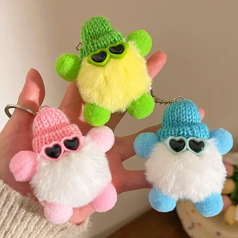Kreativer Lustiger Plüschball Schlüsselanhänger Mit Herz Sonnenbrille Und Strickmütze Süße Tierpuppe Tasche Anhänger Für Damen