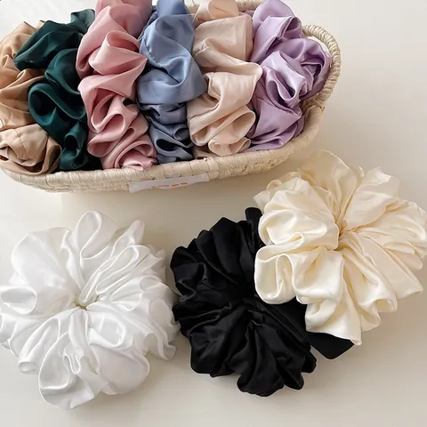 Oversized Satin Scrunchies For Women High Elasticity Pleated Hair Ties Solid Color Faux Silk Hair Bands Elegant Ponytail Holder Fashion Hair Accessories