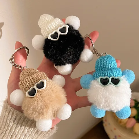 Kreativer Lustiger Plüschball Schlüsselanhänger Mit Herz Sonnenbrille Und Strickmütze Süße Tierpuppe Tasche Anhänger Für Damen