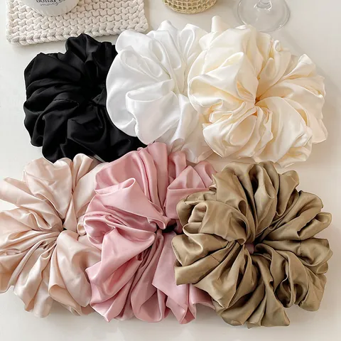 Oversized Satin Scrunchies For Women High Elasticity Pleated Hair Ties Solid Color Faux Silk Hair Bands Elegant Ponytail Holder Fashion Hair Accessories