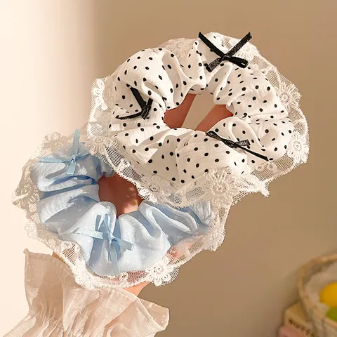 Sweet Polka Dot Bow Scrunchie With Lace Edge Elastic Hair Tie Fashion Fabric Ponytail Holder For Women Girls Hair Accessories