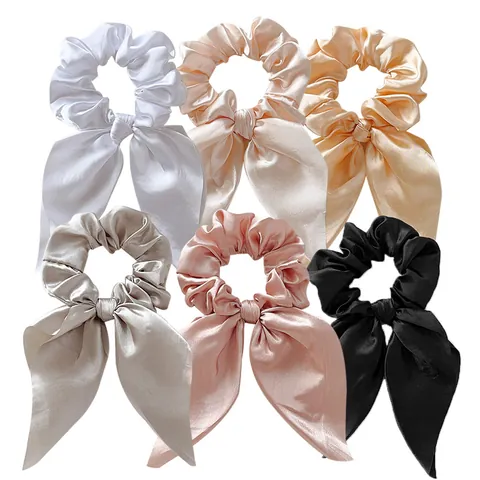 Elegant Bow Streamer Satin Scrunchies For Women Satin Fabric Large Hair Ties Long Ribbon Ponytail Holder Fashion Hair Accessories