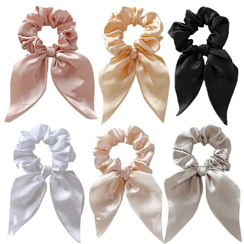 Elegant Bow Streamer Satin Scrunchies For Women Satin Fabric Large Hair Ties Long Ribbon Ponytail Holder Fashion Hair Accessories