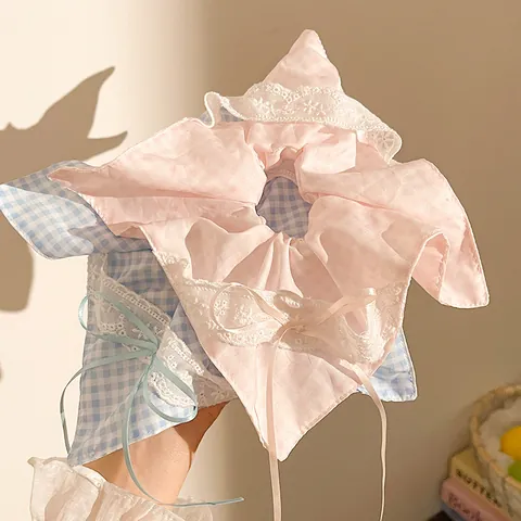 Women Sweet Lace Bow Plaid Scrunchies Fabric Gingham Hair Ties Ribbon Hair Accessories For Girls Large Elastic Hair Bands