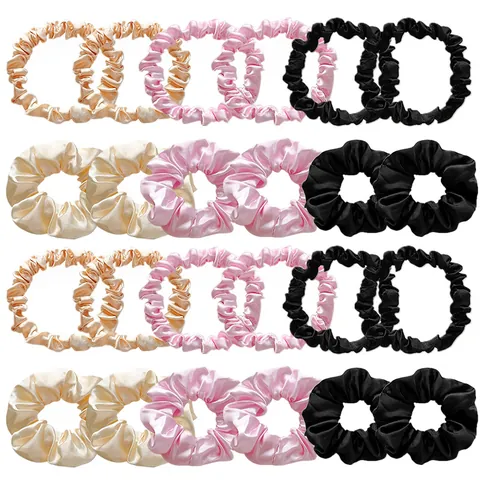 Satin Pleated Scrunchies For Women High Elasticity Solid Color Black Pink Champagne Handmade Silk Like Fabric Hair Ties