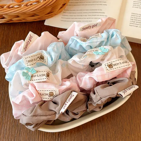 Sweet Bow Striped Checkered Floral Scrunchies For Women Girls Polyester Hair Ties With Cloth Label Cute Bear Pattern Hair Accessories