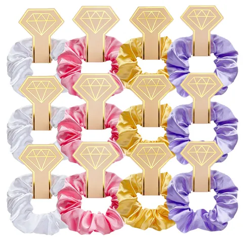 Chouchous en Satin de Couleur Unie pour Femmes Élégants Attache Cheveux en Tissu Imitation Soie Avec Emballage Carte Cadeau Bague en Diamant