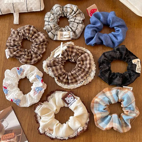 Vintage Plaid Cloth Scrunchies With Lace Edge Bow Cute Cartoon Bear Rabbit Elastic Hair Ties Handmade Hair Accessories For Women