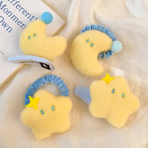 Lindas Pinzas Para El Pelo Y Coleteros De Peluche Amarillo Estrella Luna Bordado Dibujos Animados Kawaii Accesorios Para El Cabello