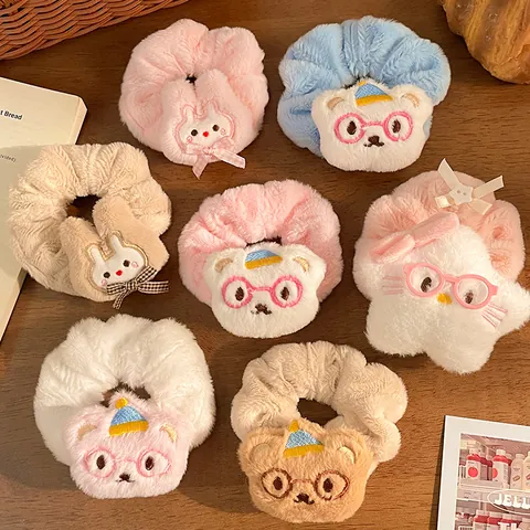 Sweet Cartoon Plush Animal Scrunchies Bear Rabbit Star Doll Head Hair Ring Soft Faux Fur Ponytail Holder For Women Girls