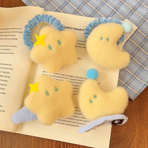 Lindas Pinzas Para El Pelo Y Coleteros De Peluche Amarillo Estrella Luna Bordado Dibujos Animados Kawaii Accesorios Para El Cabello