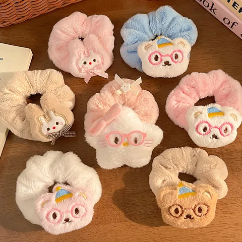 Sweet Cartoon Plush Animal Scrunchies Bear Rabbit Star Doll Head Hair Ring Soft Faux Fur Ponytail Holder For Women Girls