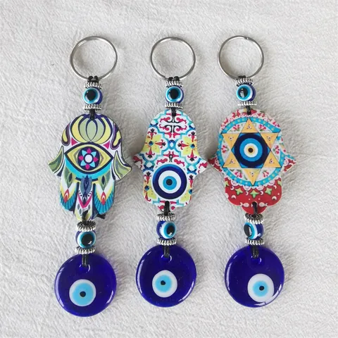 Hamsa Hand Evil Eye Keychain Turkish Nazar Glass Bead Lucky Amulet Mandala Floral Plate Bag Car Hanging Ornament For Women Men