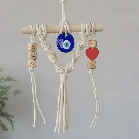 Handmade Macrame Evil Eye Wall Hanging Decor Cotton Rope Wood Beads Heart Tassel Hanging Ornament For Home Car Family Gift