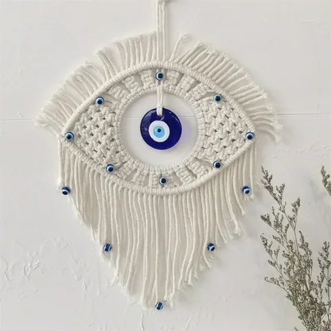 Handmade Macrame Evil Eye Wall Hanging Bohemian Cotton Rope Tapestry Tassel Hanging Decoration For Living Room Bedroom Office Home Decor